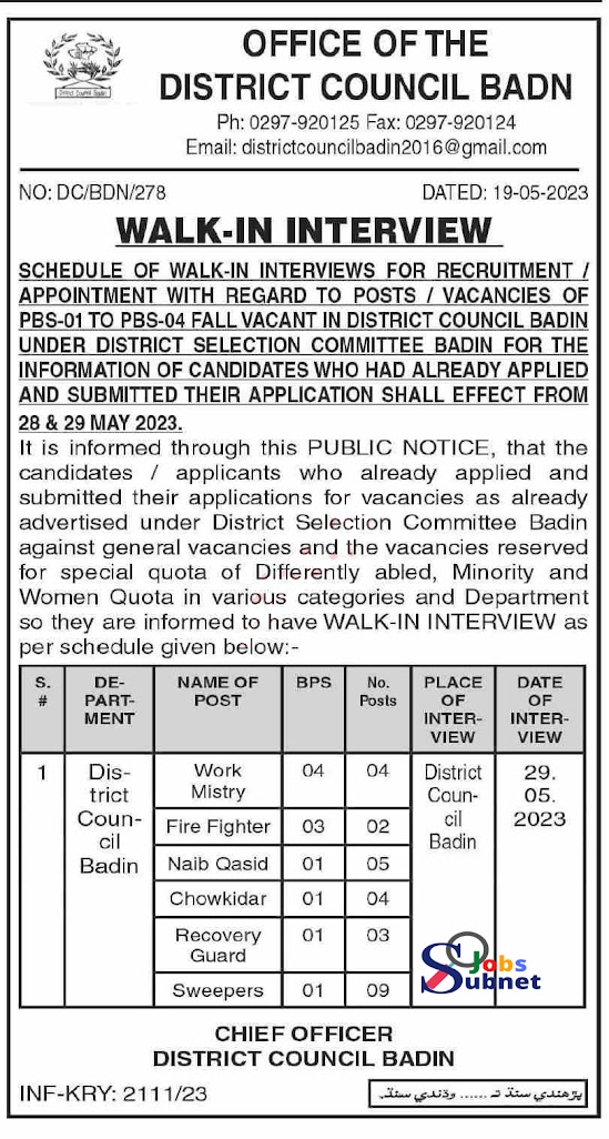 Office Of District Council Badin Government Jobs 2023 - Walk in Interview