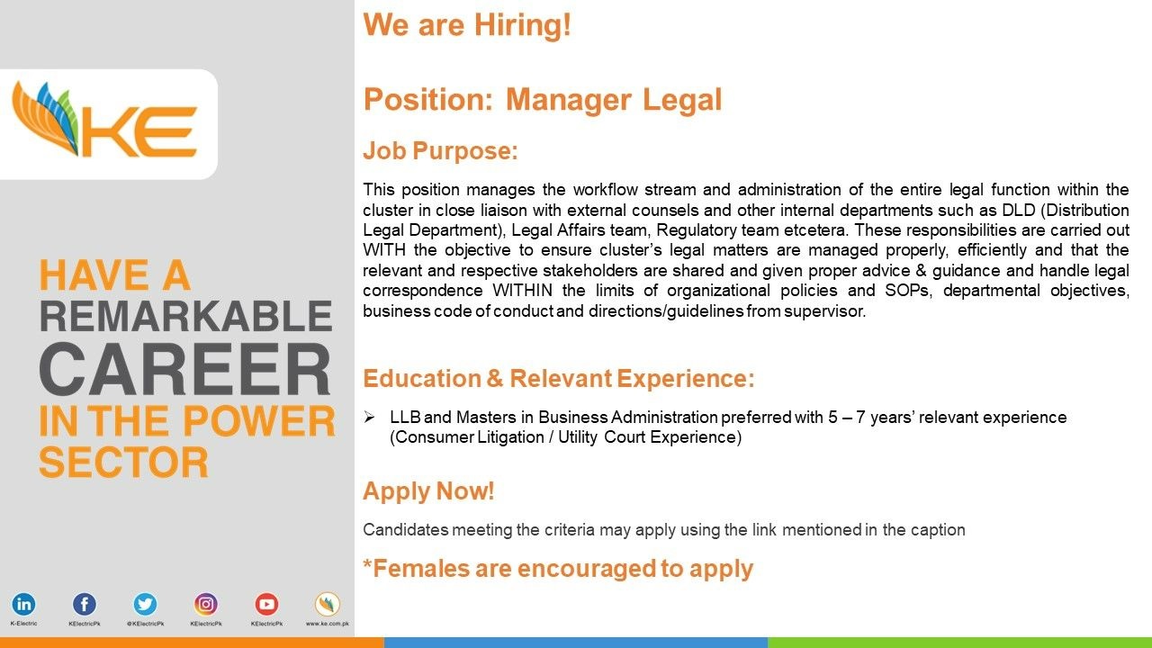 K-Electric Pvt Ltd Jobs For Manager Legal