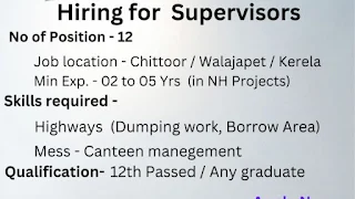 KCC Buildcon Pvt Ltd Recruitment For Supervisors | 12th Passed or Any Graduate Candidates Can Apply Now