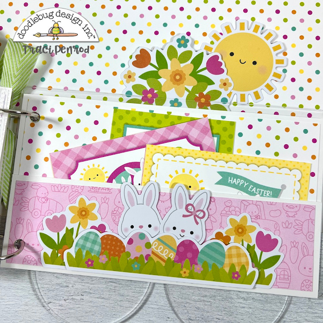 Easter & spring scrapbook album pocket page with bunny rabbits, polka dots, and Easter eggs