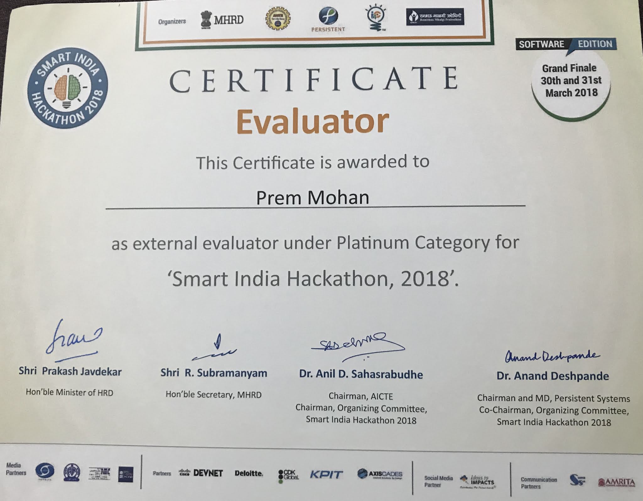 Prem Mohan Smart India Hackathon Evaluator 2018
