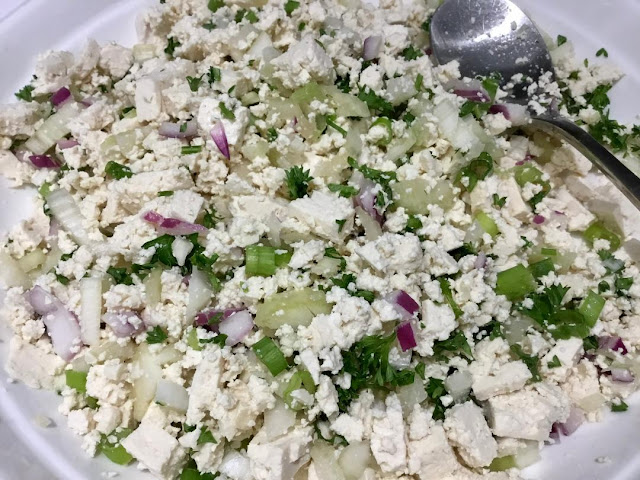 Tofu salad, vegan Caesar dressing