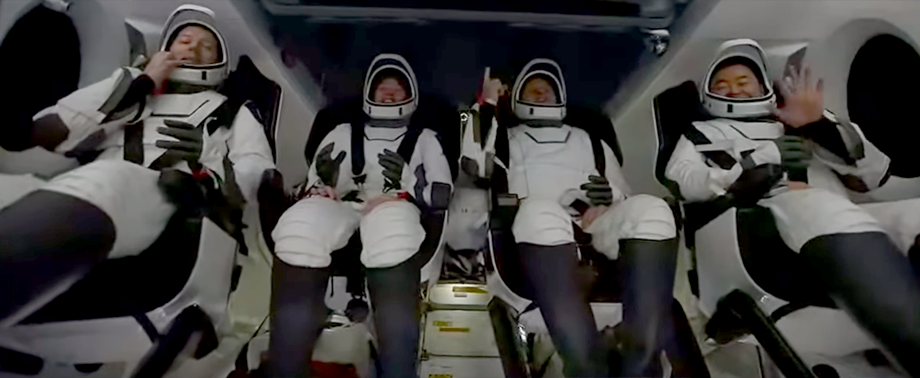 First view of SpaceX Crew-2 on their seats after returning from ISS. Left to right: Thomas Pasquet, Megan McArthur, Shane Kimbrough and Akihiko Hoshide. NASA, 08 November 2021.