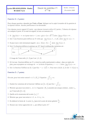 devoir de contrôle 1 mathématiques bac Math