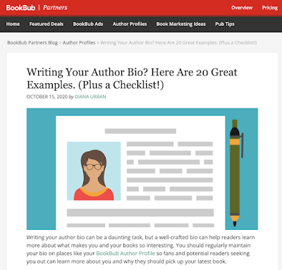 screen shot of BookBub Partners blog article "Writing Your Author Bio? Here Are 20 Great Examples. (Plus a Checklist!)" by DIANA URBAN