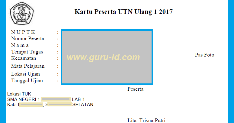 Contoh Kartu Peserta UTN 2017 - Info Guru Terbaru