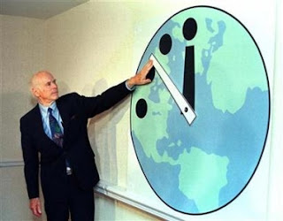 Scientist Dorkus Malorkus winding the doomsday clock