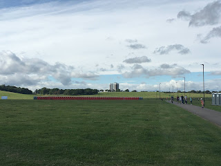 A line of porta potties.