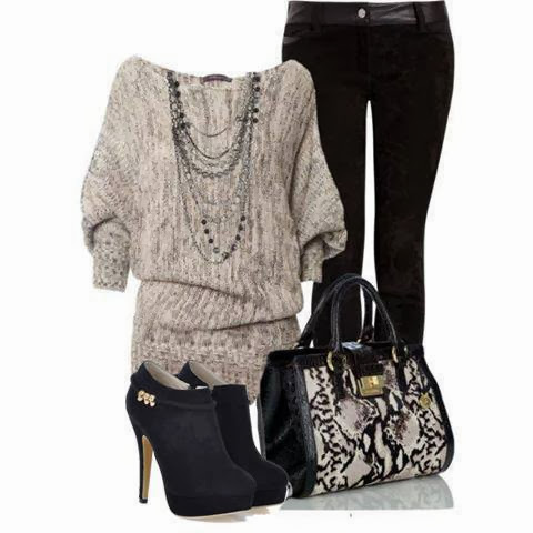 Light grey sweater, black pants, handbag and high heel sandals for fall