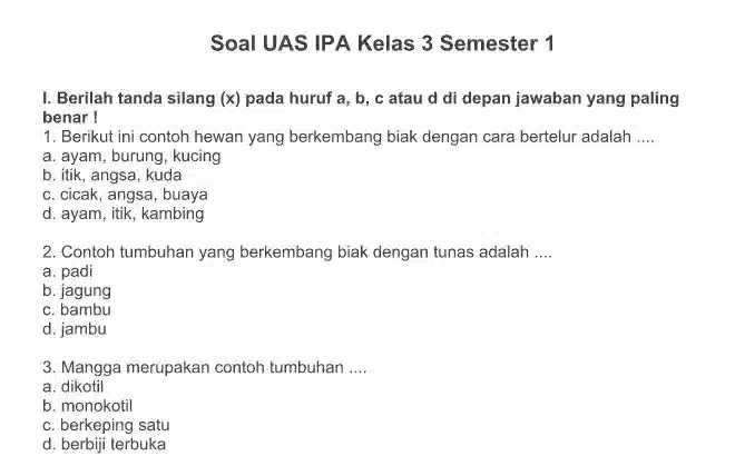 Soal UAS IPA Kelas 3 Semester 1