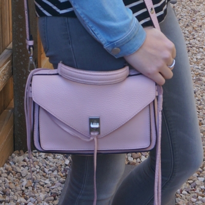 grey skinny jeans with pink Rebecca Minkoff small Darren messenger bag in peony | away from blue