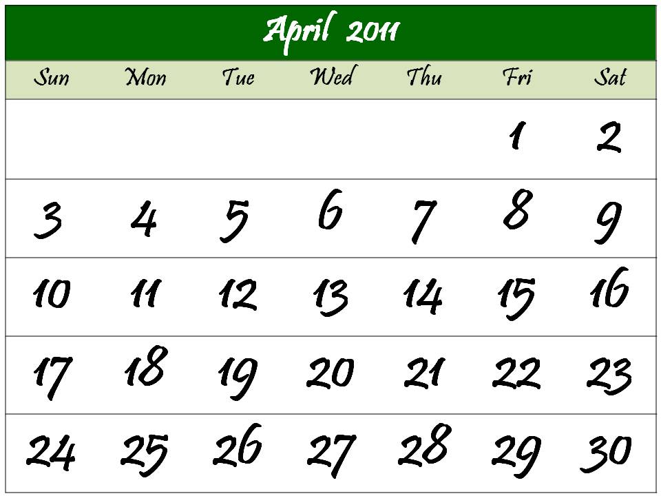 2011 calendar april. 2011 Calendar April