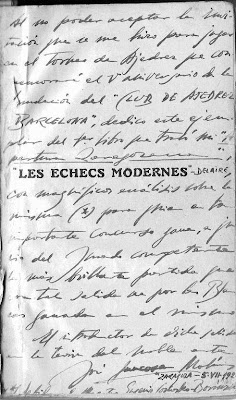 Nota manuscrita de José Juncosa en la portadilla del libro Libro Les Échecs Modernes