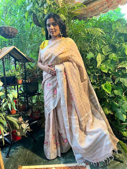 Linen Pichwai saree with embroidered motifs