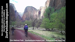 Zion National Park - Angels Landing seen as we bike down Zion Canyon - What we see as we ride down Zion Canyon on our bikes - Biking in Zion - Bicycling in Zion Bike Riding in Zion