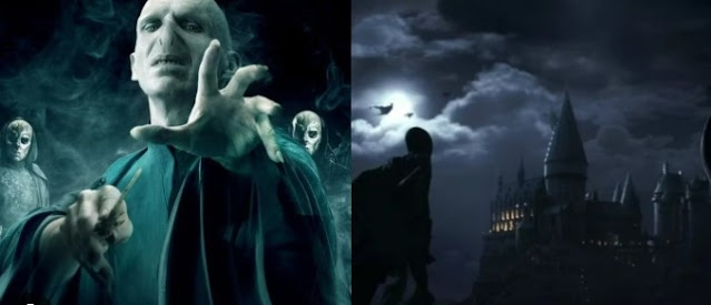 Showing the Lord Voldemort in left side of the picture and in other side the Hogwarts castle in night view.