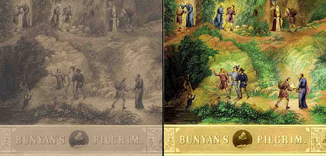 Before and after photos of of scenes from engraving Pilgrims Progress
