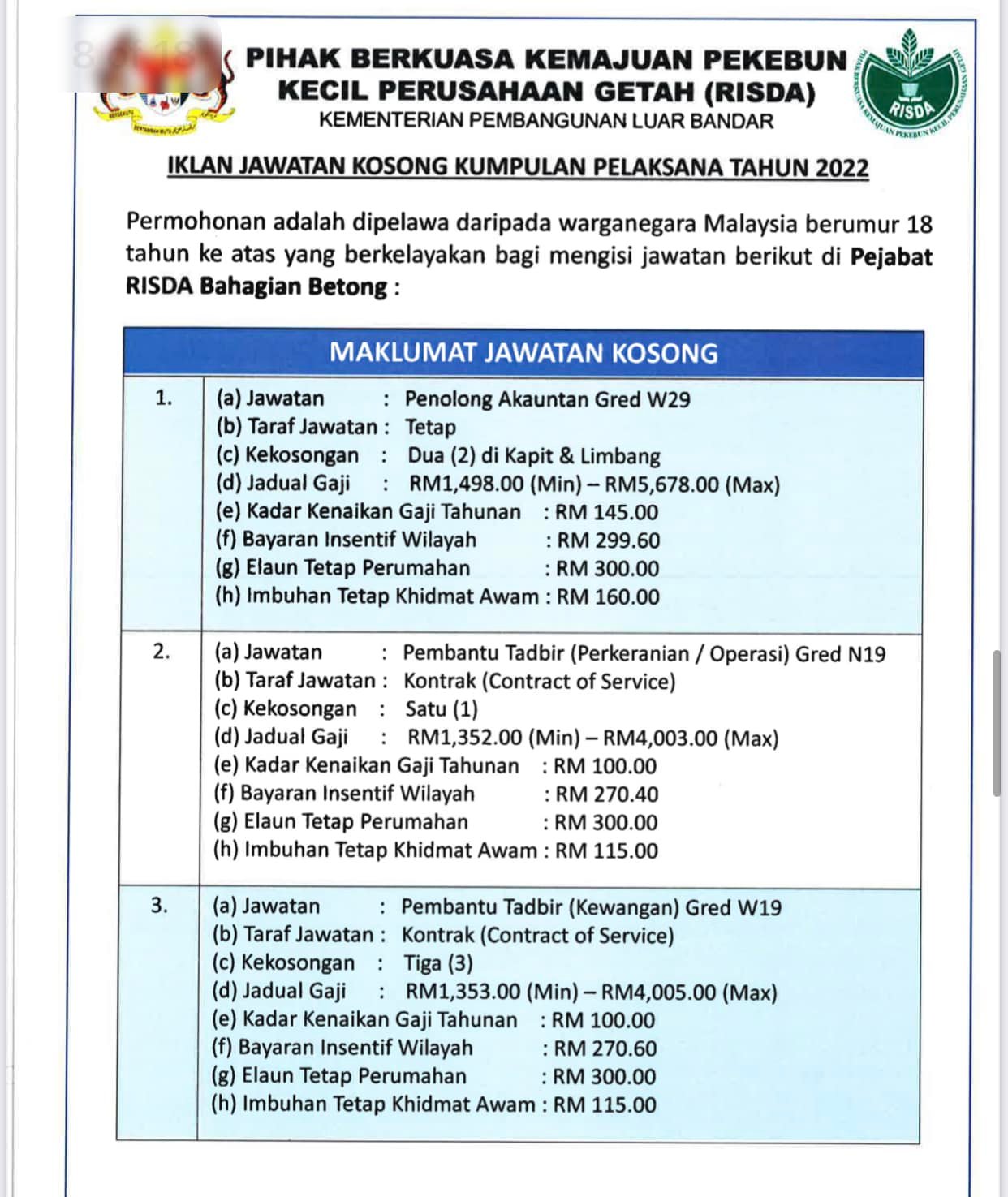 Iklan Jawatan Kosong RISDA