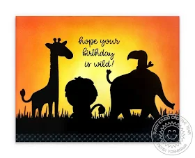 Sunny Studio Blog: Savanna Safari Giraffe, Lion, Elephant Animals Silhouette with Sunset Wild Birthday Card (using Heroic Halftones Paper)