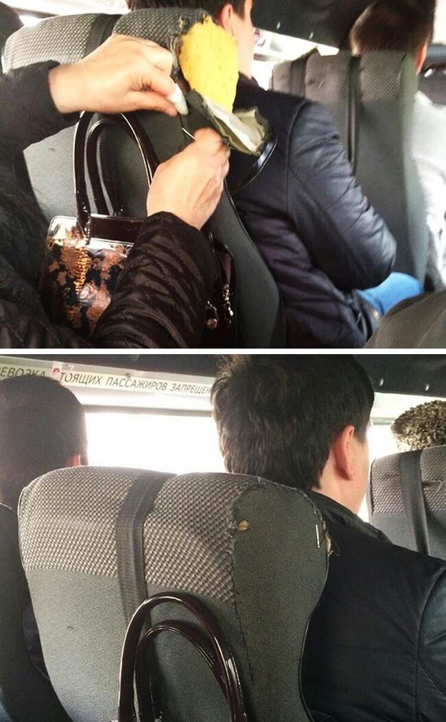 15 Powerful Pictures That Will Make Your Day - This woman stitched up a seat on a bus.