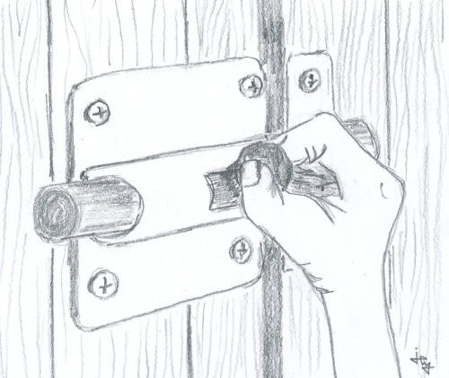 drawing of a hand sliding a deadbolt for the children's book The ABZ Affair