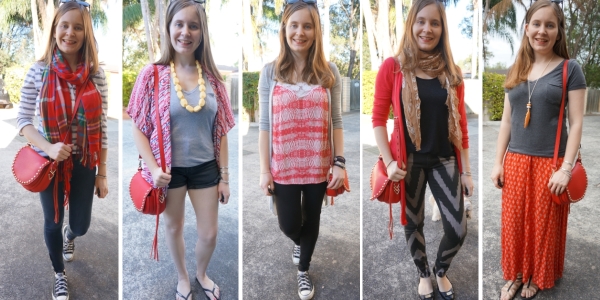 5 outfit ideas with red Rebecca Minkoff unlined saddle bag with complimentary clothes | awayfromblue