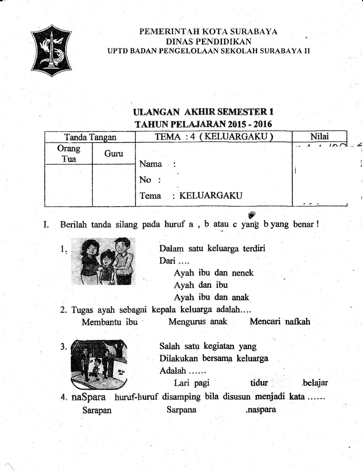 UAS Matapelajaran Tema 4 SD Kelas 1 Semester Ganjil TA 2015 2016 Kurikulum 2013