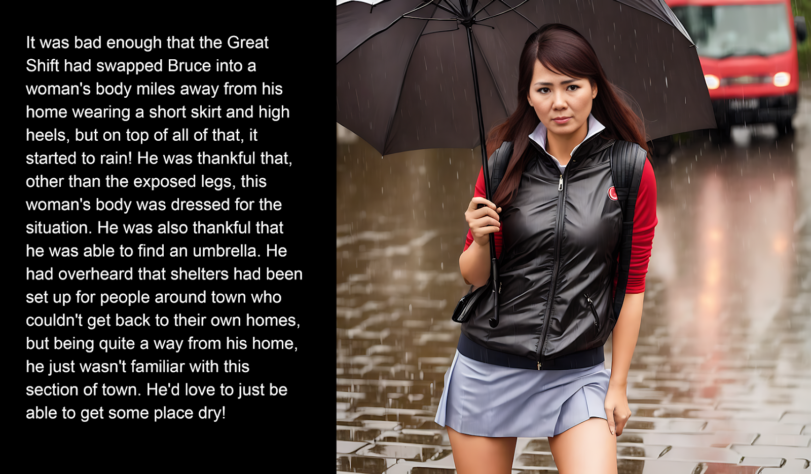 It was bad enough that the Great Shift had swapped Bruce into a woman's body miles away from his home wearing a short skirt and high heels, but on top of all of that, it started to rain! He was thankful that, other than the exposed legs, this woman's body was dressed for the situation. He was also thankful that he was able to find an umbrella. He had overheard that shelters had been set up for people around town who couldn't get back to their own homes, but being quite a way from his home, he just wasn't familiar with this section of town. He'd love to just be able to get some place dry!