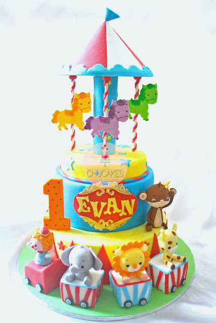 animals horse horses train clown elephant lion giraffe monkey carousel carnival 2 tier cake chucakes