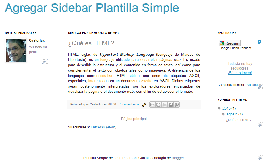 Blog Plantilla Simple con una barra lateral (Sidebar) agregada.