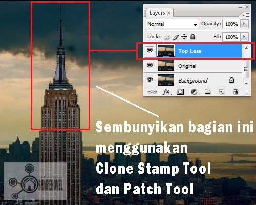 sembunyikan bagian atas gedung pada layer top menggunakan clone stamp tool dan patch tool