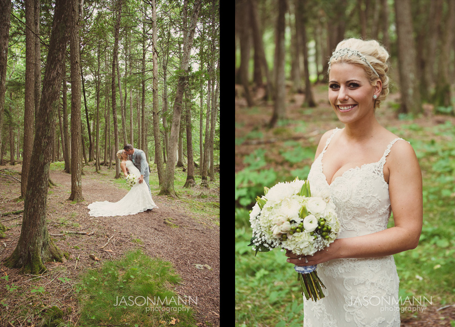 Rustic Door County wedding at Gordon Lodge. First look. White and green bridal bouquet. Photo by Jason Mann Photography, 920-246-8106, www.jmannphoto.com