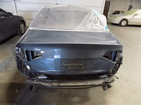 Audi S4 getting ready for paint after collision repairs at Almost Everything Auto Body.