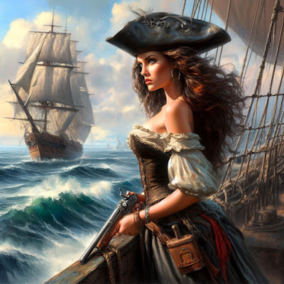 female pirate with angry face on ship holding pistol