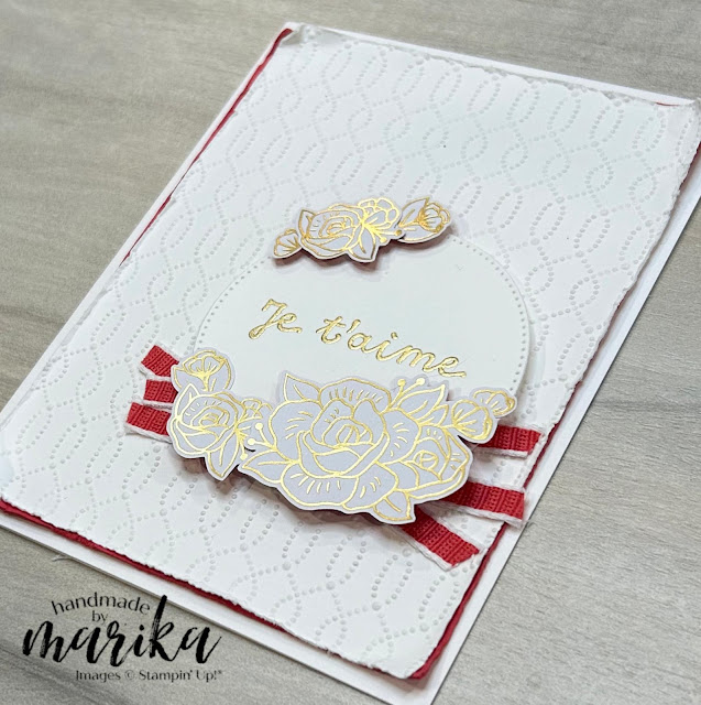 Sale-A-Bration card using the Heartfelt Hellos stamp set, Most Adored DSP and the Softly Sophisticated Embossing Folder