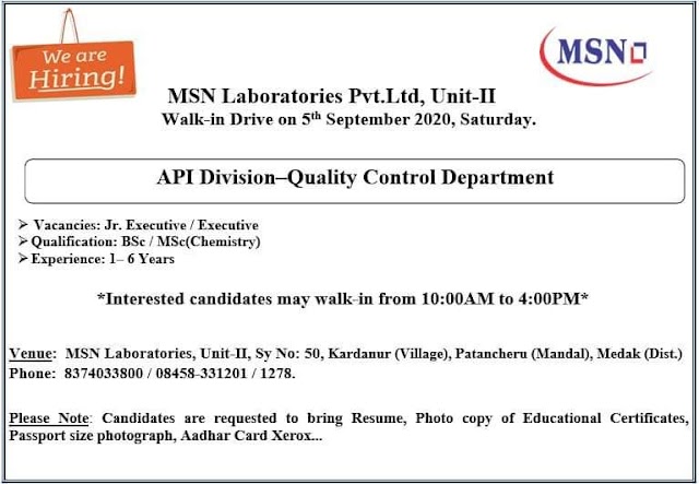 MSN Laboratories | Walk-in interview for Quality control on 5 Sept 2020 at Hyderabad