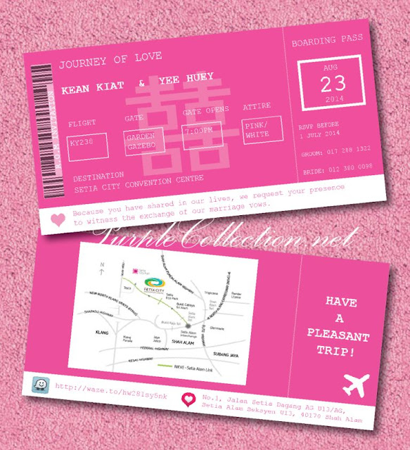 magenta, pink, red, boarding pass, wedding card, invitation, invites, chinese, indian, malay, kad kahwin, murah, cetak, printing, art card 260g, travel, passport, modern, unique, special, custom design, handmade, hand crafted, map, aeroplane, waze cartoon, setia city convention centre, shah alam, klang, selangor, kuala lumpur, KL, JB, johor bahru, Singapore, cheap, online, purchase, buy, sell, portfolio, catalogue, katalog, jual beli, malaysia, australia, envelope, sampul, 2014