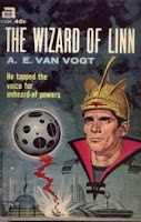 Cover image of the novel titled The Wizard of Linn by A E van Vogt. Image shows Lord Clane & his sphere-weapon destroying alien targets.