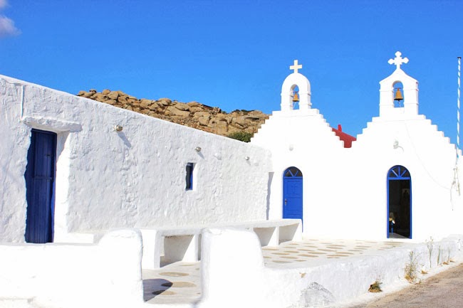 Mykonos white and blue churches