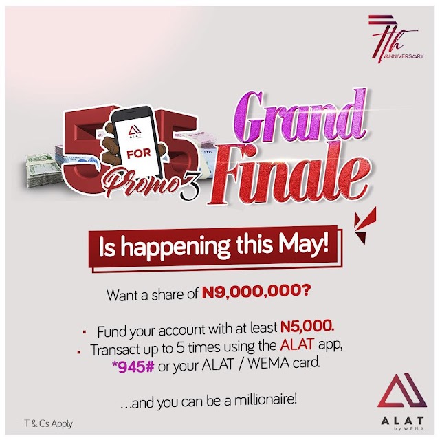 Wema Bank 5 For 5 Promo Season 3 Grand Finale Set To Hold In Lagos …N10,000,000 Cash Prize Up For Grabs In Final Draw Of The Season!