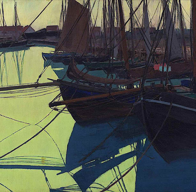 a Walter Leistikow painting of boats at a dock in greens