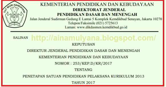 SK DIRJEN DIKDASMEN DAN DAFTAR SEKOLAH PELAKSANA KURIKULUM 2013 TAHUN 2017 SE INDONESIA