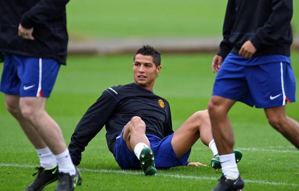 Cristiano Ronaldo of Manchester United during a training session held at the Carrington Training Complex on September 16, 2008 in Carrington, England