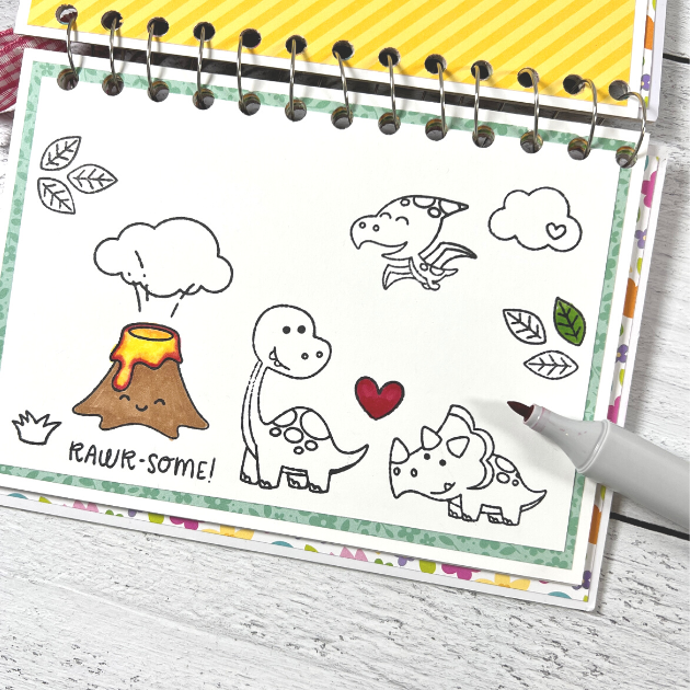 Handmade coloring book with dinosaur page using Doodlebug paper collection & stamps