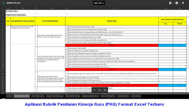 Aplikasi Rubrik  Penilaian  Kinerja Guru PKG Format Excel 