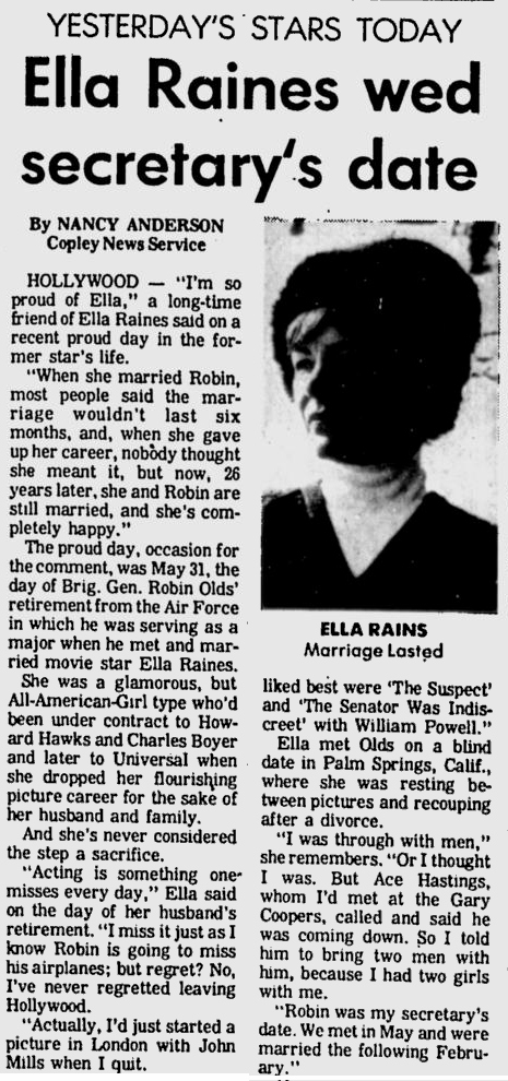Here's a vintage newspaper clipping about Ella Raines from 1973