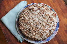 Food Lust People Love: Crunchy streusel sweetened with brown sugar and maple syrup bakes inside and on top this maple coffee cake. It’s finished with a sweet maple syrup glaze for a perfect seasonal treat.