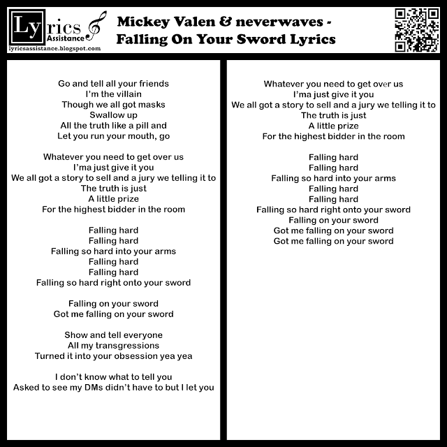Mickey Valen & neverwaves - Falling On Your Sword Lyrics | lyricsassistance.blogspot.com