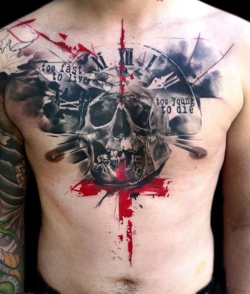 Cool skull trash polka tattoo on chest