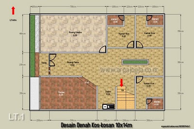 Desain Denah Sketch Kos Kosan di Atas Lahan 10x14m 